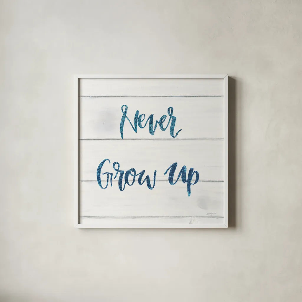 Sweet Baby Boy IV White Wood Sq by Jenaya Jackson. Shown in a crisp white glass frame for a clean and minimalist style. Available as an archival giclee rolled canvas, fine art paper, or poster print. SKU 38436a.