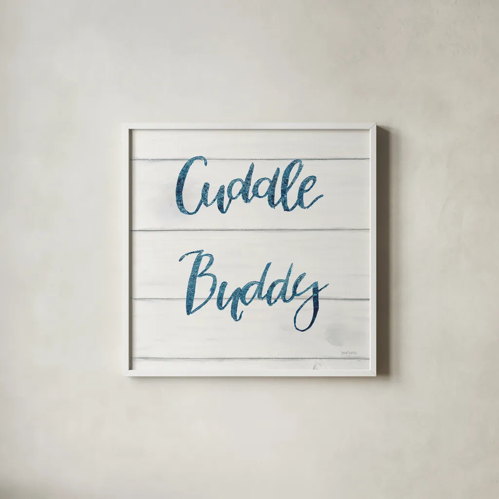 Sweet Baby Boy VI White Wood Sq by Jenaya Jackson. Shown in a crisp white glass frame for a clean and minimalist style. Available as an archival giclee rolled canvas, fine art paper, or poster print. SKU 38437a.