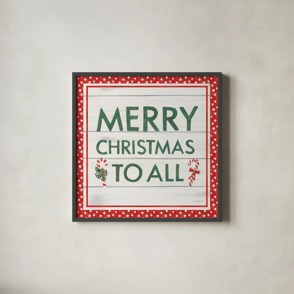 Welcome Christmas Sign V by Jenaya Jackson. Shown in a sleek black glass frame for a contemporary gallery look. Available as an archival giclee rolled canvas, fine art paper, or poster print. SKU 36575a.