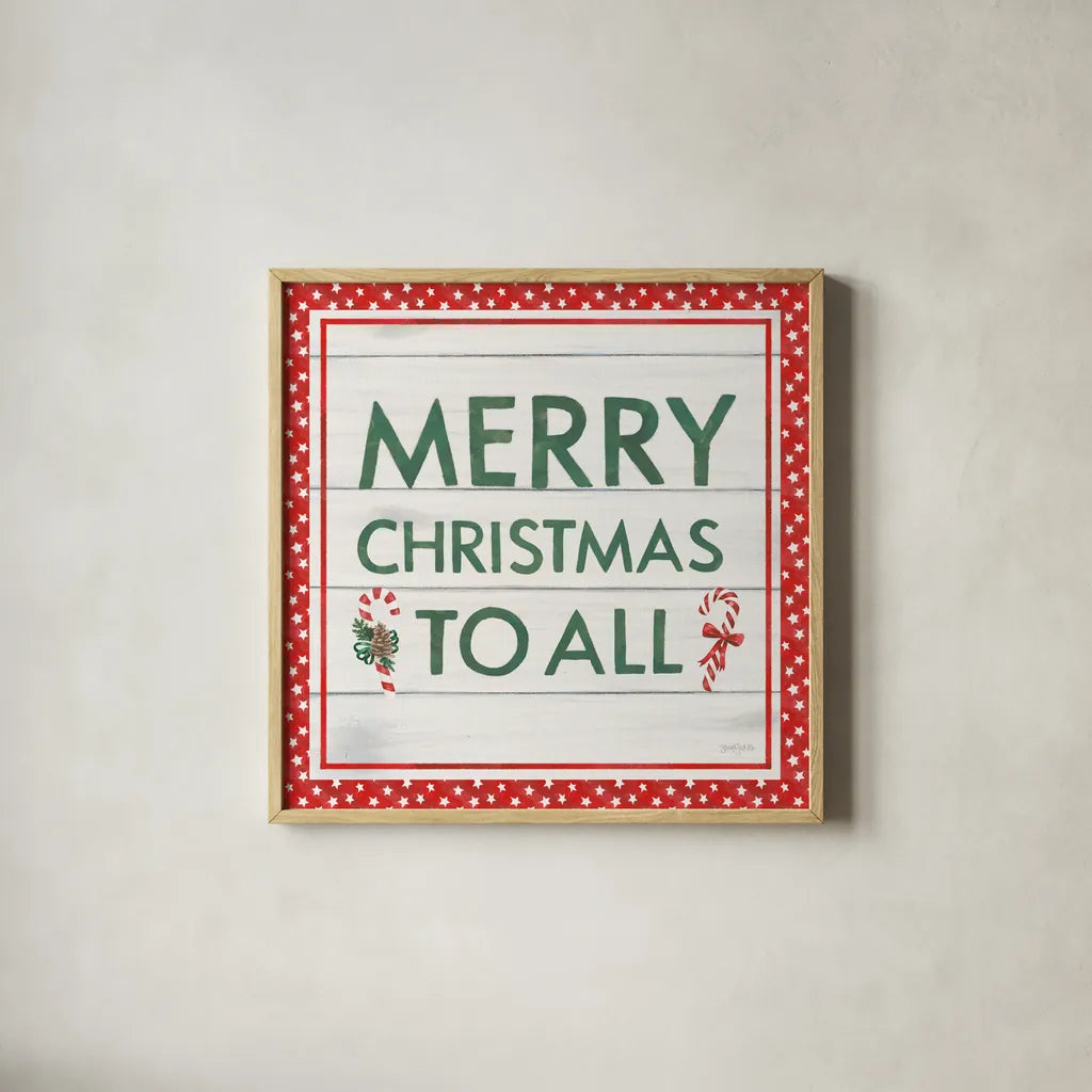Welcome Christmas Sign V by Jenaya Jackson. Shown in a natural wood glass frame for a timeless modern aesthetic. Available as an archival giclee rolled canvas, fine art paper, or poster print. SKU 36575a.