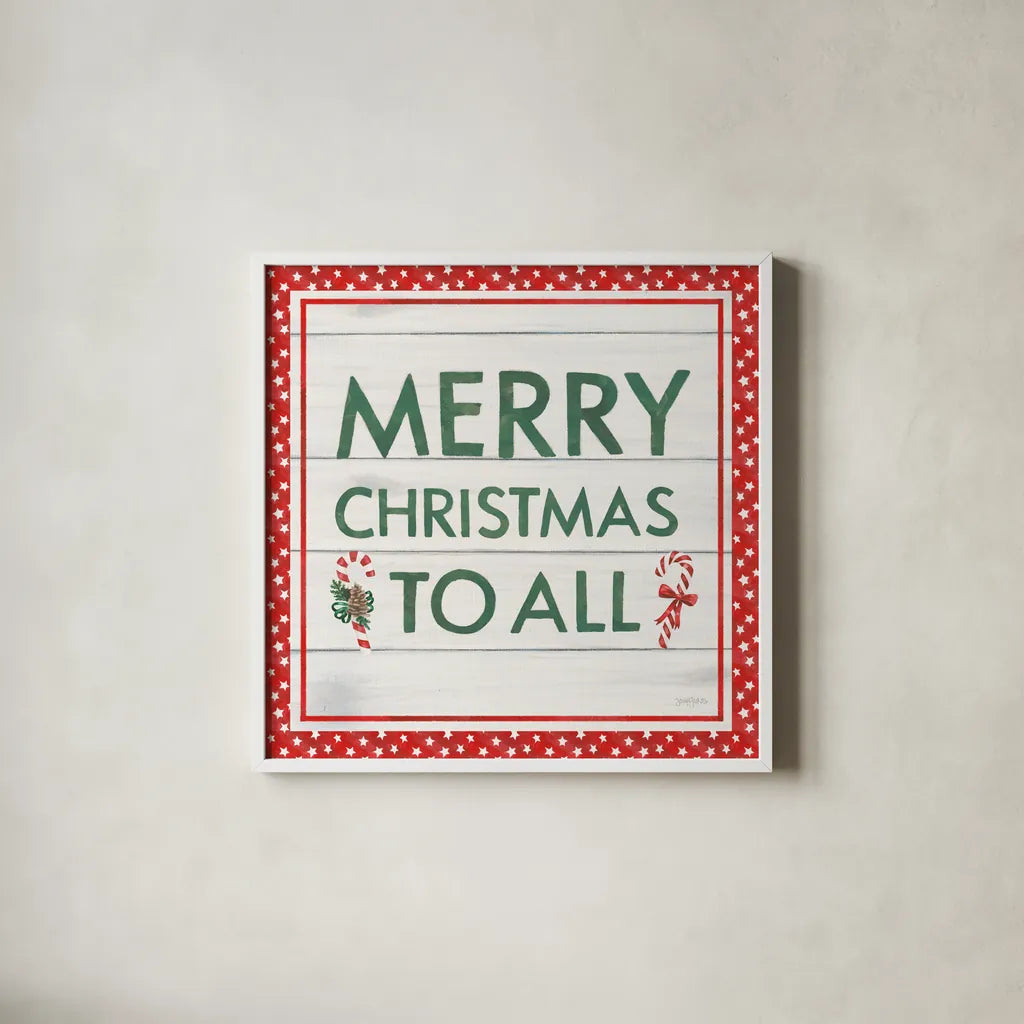 Welcome Christmas Sign V by Jenaya Jackson. Shown in a crisp white glass frame for a clean and minimalist style. Available as an archival giclee rolled canvas, fine art paper, or poster print. SKU 36575a.