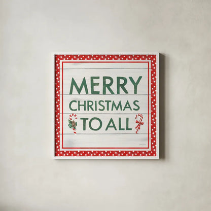 Welcome Christmas Sign V by Jenaya Jackson. Shown in a crisp white glass frame for a clean and minimalist style. Available as an archival giclee rolled canvas, fine art paper, or poster print. SKU 36575a.