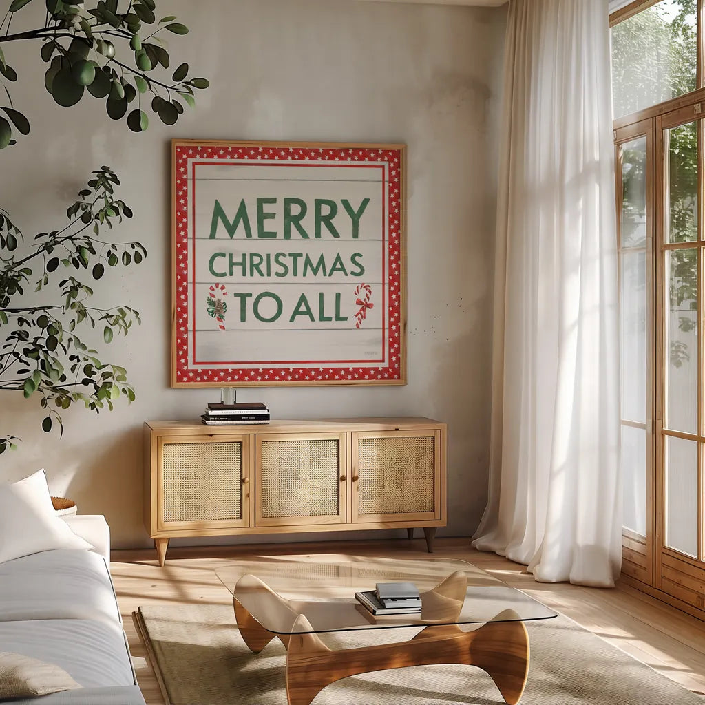 Welcome Christmas Sign V by Jenaya Jackson. Shown in a natural wood frame in a cozy modern living room. Available as an archival giclee rolled canvas, fine art paper, or poster print. SKU 36575a.