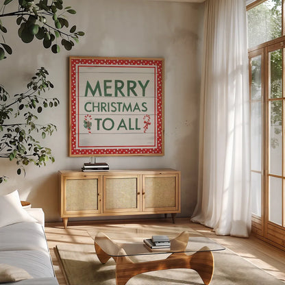 Welcome Christmas Sign V by Jenaya Jackson. Shown in a natural wood frame in a cozy modern living room. Available as an archival giclee rolled canvas, fine art paper, or poster print. SKU 36575a.