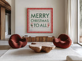 Welcome Christmas Sign V by Jenaya Jackson. Shown as extra-large giant wall art in a modern living room. Available as an archival giclee rolled canvas, fine art paper, or poster print. SKU 36575a.
