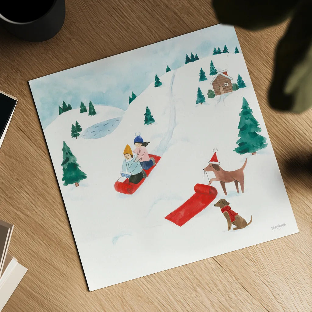 Winter Scene IV Dogs by Jenaya Jackson. Shown as a detailed flat fine art print, highlighting archival giclee quality. Available as an archival giclee rolled canvas, fine art paper, or poster print. SKU 73251a.