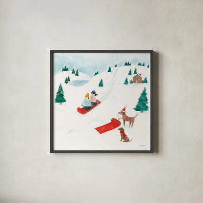 Winter Scene IV Dogs by Jenaya Jackson. Shown in a sleek black glass frame for a contemporary gallery look. Available as an archival giclee rolled canvas, fine art paper, or poster print. SKU 73251a.