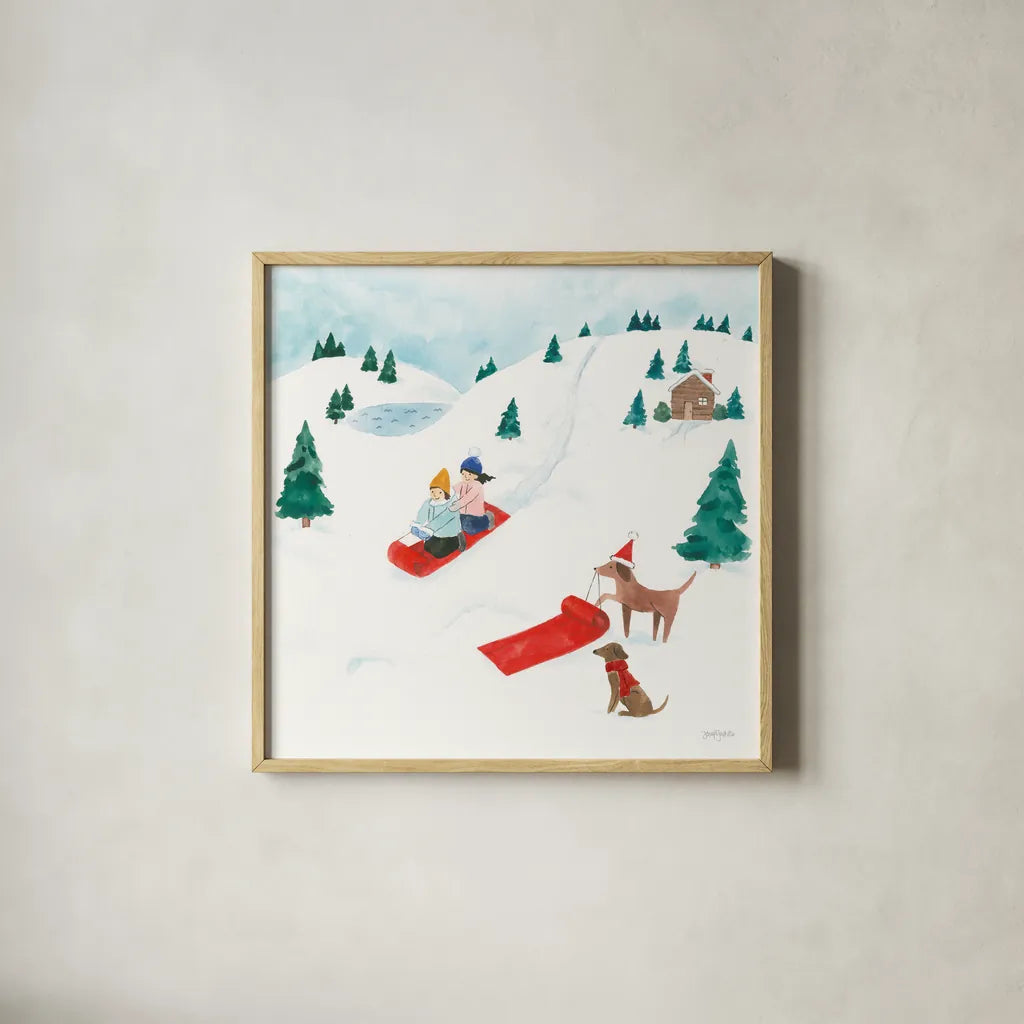 Winter Scene IV Dogs by Jenaya Jackson. Shown in a natural wood glass frame for a timeless modern aesthetic. Available as an archival giclee rolled canvas, fine art paper, or poster print. SKU 73251a.