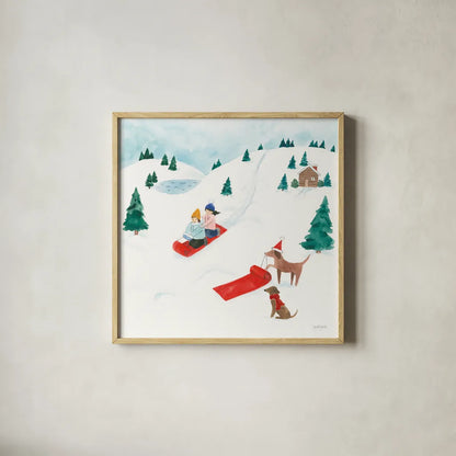 Winter Scene IV Dogs by Jenaya Jackson. Shown in a natural wood glass frame for a timeless modern aesthetic. Available as an archival giclee rolled canvas, fine art paper, or poster print. SKU 73251a.