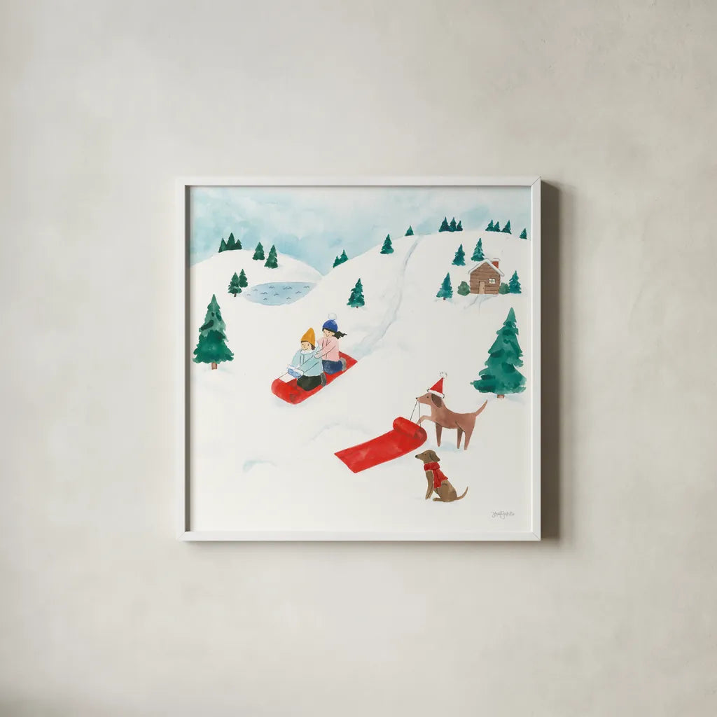 Winter Scene IV Dogs by Jenaya Jackson. Shown in a crisp white glass frame for a clean and minimalist style. Available as an archival giclee rolled canvas, fine art paper, or poster print. SKU 73251a.