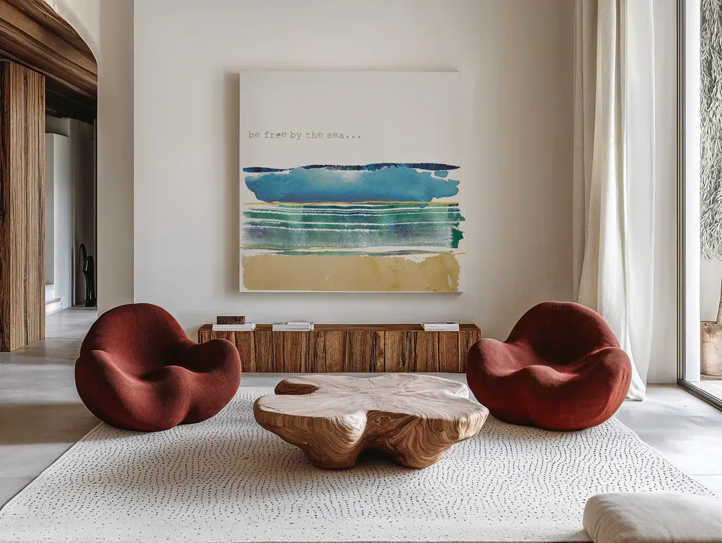 By the Sea I by Jess Aiken. Shown as extra-large giant wall art in a modern living room. Available as an archival giclee rolled canvas, fine art paper, or poster print. SKU 21091a.