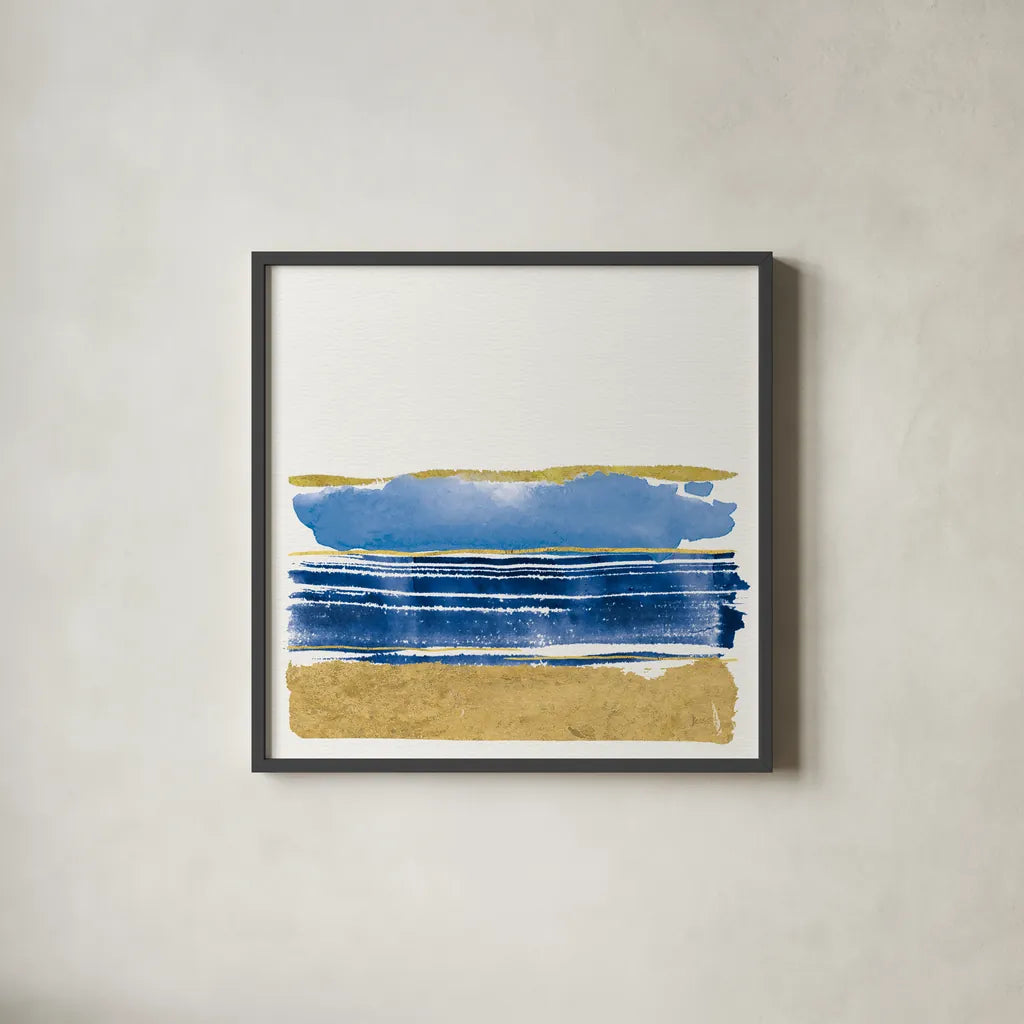 By the Sea I Blue by Jess Aiken. Shown in a sleek black glass frame for a contemporary gallery look. Available as an archival giclee rolled canvas, fine art paper, or poster print. SKU 93884a.