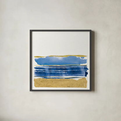 By the Sea I Blue by Jess Aiken. Shown in a sleek black glass frame for a contemporary gallery look. Available as an archival giclee rolled canvas, fine art paper, or poster print. SKU 93884a.