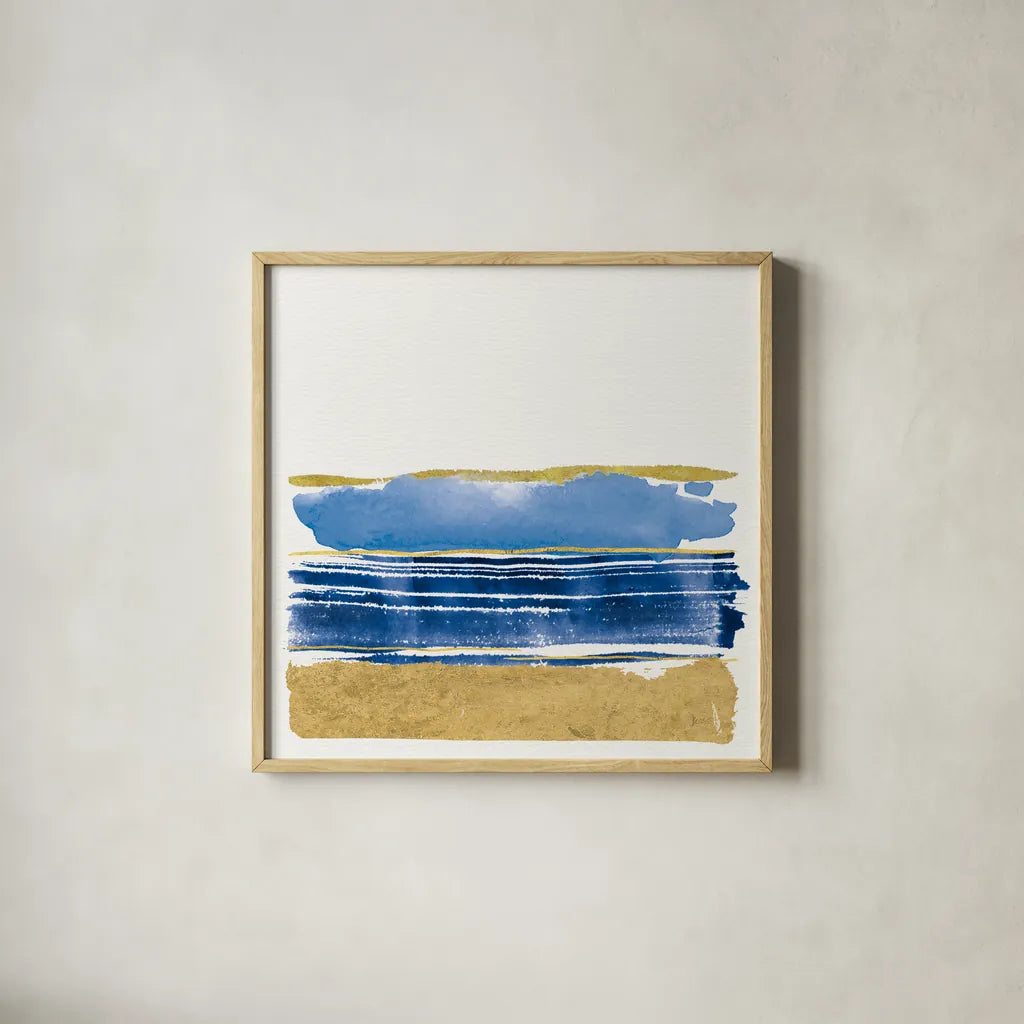 By the Sea I Blue by Jess Aiken. Shown in a natural wood glass frame for a timeless modern aesthetic. Available as an archival giclee rolled canvas, fine art paper, or poster print. SKU 93884a.
