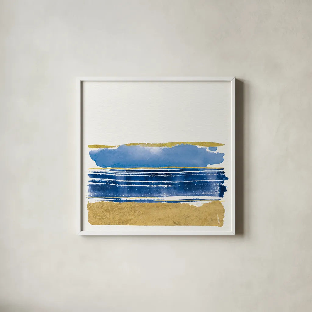 By the Sea I Blue by Jess Aiken. Shown in a crisp white glass frame for a clean and minimalist style. Available as an archival giclee rolled canvas, fine art paper, or poster print. SKU 93884a.