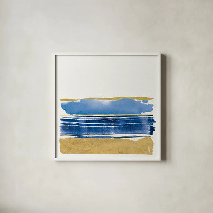 By the Sea I Blue by Jess Aiken. Shown in a crisp white glass frame for a clean and minimalist style. Available as an archival giclee rolled canvas, fine art paper, or poster print. SKU 93884a.