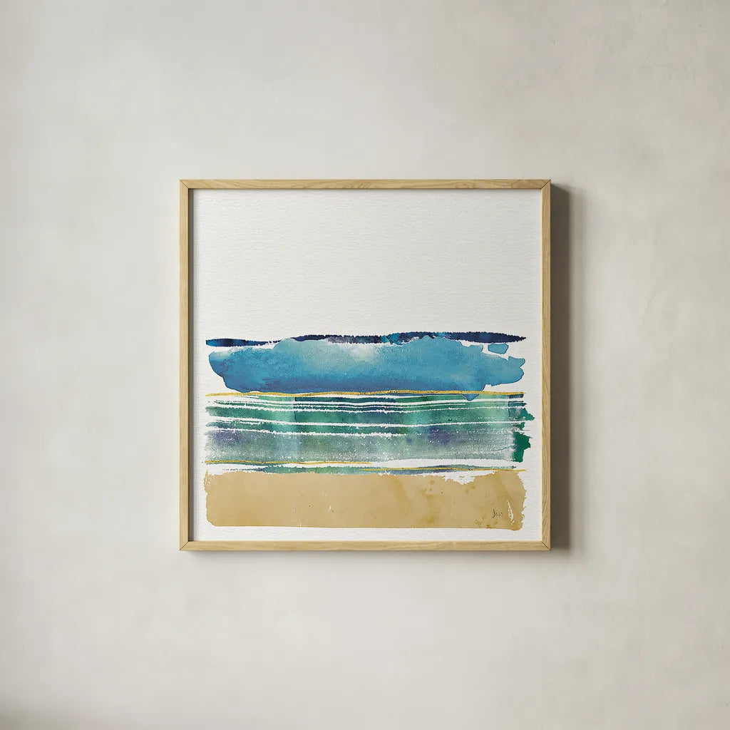 By the Sea I no Words by Jess Aiken. Shown in a natural wood glass frame for a timeless modern aesthetic. Available as an archival giclee rolled canvas, fine art paper, or poster print. SKU 21205a.
