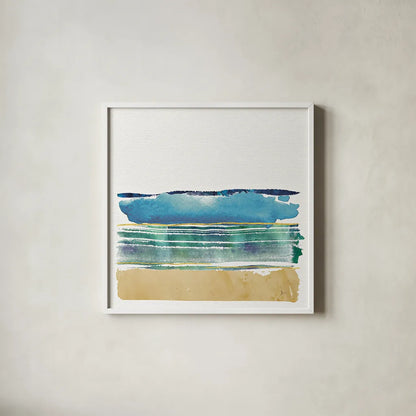 By the Sea I no Words by Jess Aiken. Shown in a crisp white glass frame for a clean and minimalist style. Available as an archival giclee rolled canvas, fine art paper, or poster print. SKU 21205a.