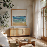 By the Sea I no Words by Jess Aiken. Shown in a natural wood frame in a cozy modern living room. Available as an archival giclee rolled canvas, fine art paper, or poster print. SKU 21205a.