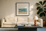 By the Sea I no Words by Jess Aiken. Displayed in a glass frame with matte in a clean modern living room. Available as an archival giclee rolled canvas, fine art paper, or poster print. SKU 21205a.