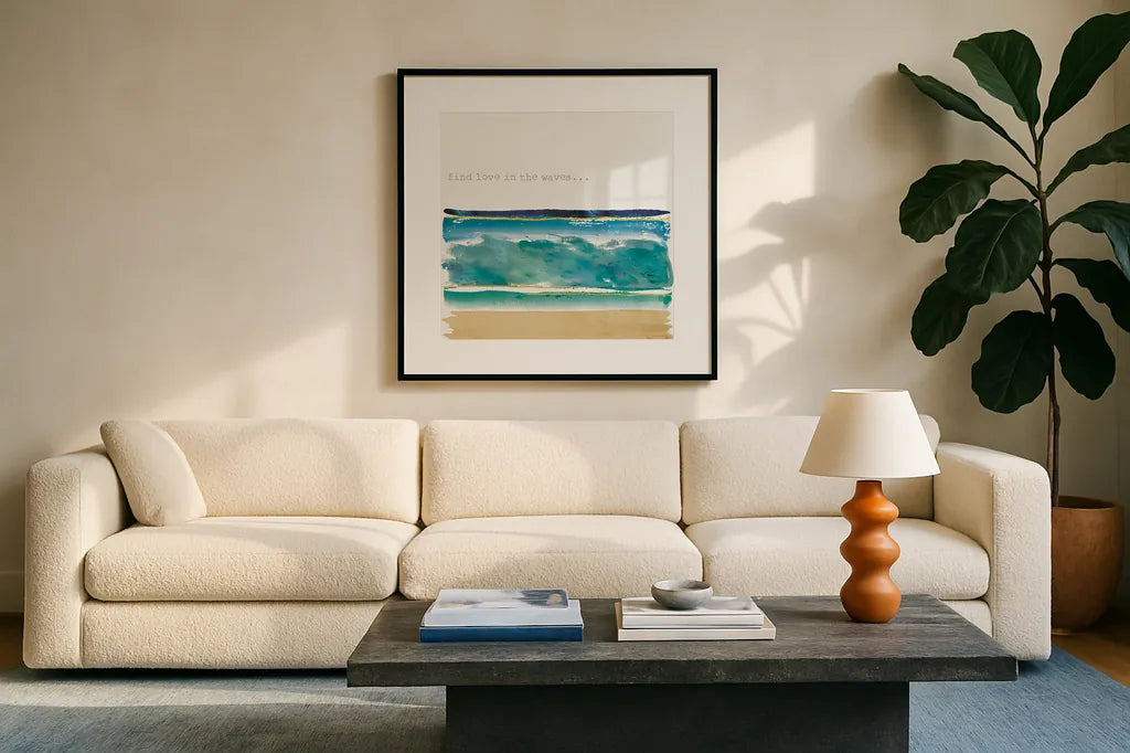 By the Sea II by Jess Aiken. Displayed in a glass frame with matte in a clean modern living room. Available as an archival giclee rolled canvas, fine art paper, or poster print. SKU 21092a.
