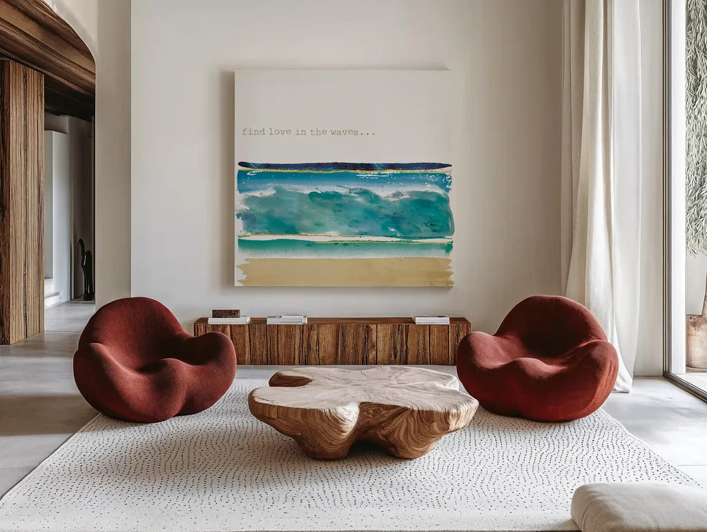 By the Sea II by Jess Aiken. Shown as extra-large giant wall art in a modern living room. Available as an archival giclee rolled canvas, fine art paper, or poster print. SKU 21092a.