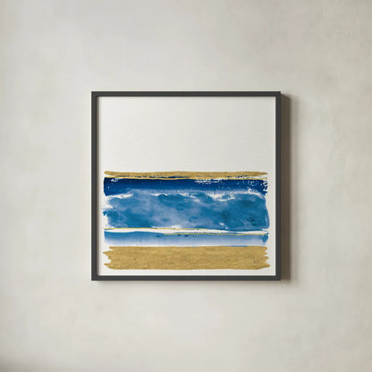 By the Sea II Blue by Jess Aiken. Shown in a sleek black glass frame for a contemporary gallery look. Available as an archival giclee rolled canvas, fine art paper, or poster print. SKU 93885a.