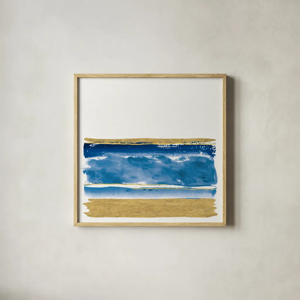 By the Sea II Blue by Jess Aiken. Shown in a natural wood glass frame for a timeless modern aesthetic. Available as an archival giclee rolled canvas, fine art paper, or poster print. SKU 93885a.