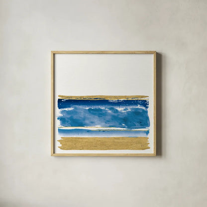 By the Sea II Blue by Jess Aiken. Shown in a natural wood glass frame for a timeless modern aesthetic. Available as an archival giclee rolled canvas, fine art paper, or poster print. SKU 93885a.