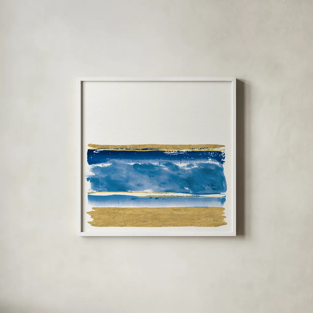 By the Sea II Blue by Jess Aiken. Shown in a crisp white glass frame for a clean and minimalist style. Available as an archival giclee rolled canvas, fine art paper, or poster print. SKU 93885a.