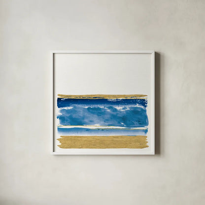 By the Sea II Blue by Jess Aiken. Shown in a crisp white glass frame for a clean and minimalist style. Available as an archival giclee rolled canvas, fine art paper, or poster print. SKU 93885a.