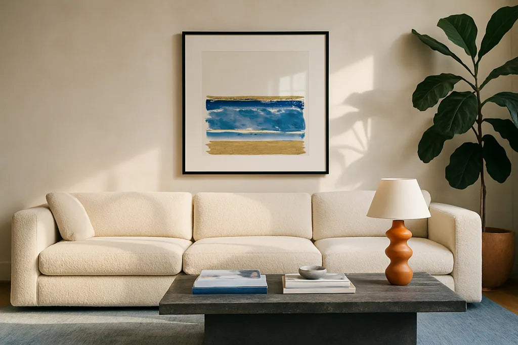 By the Sea II Blue by Jess Aiken. Displayed in a glass frame with matte in a clean modern living room. Available as an archival giclee rolled canvas, fine art paper, or poster print. SKU 93885a.
