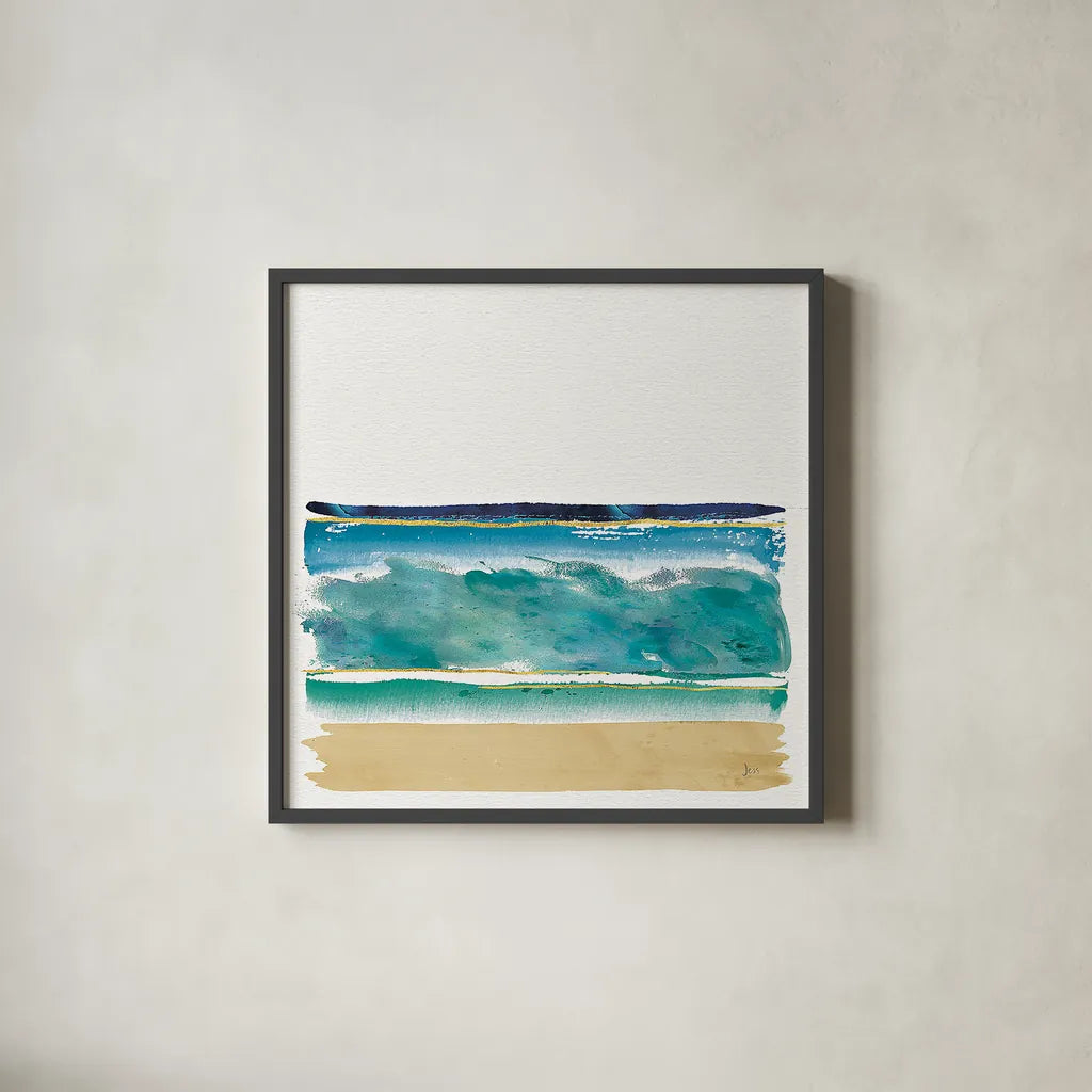 By the Sea II no Words by Jess Aiken. Shown in a sleek black glass frame for a contemporary gallery look. Available as an archival giclee rolled canvas, fine art paper, or poster print. SKU 21206a.
