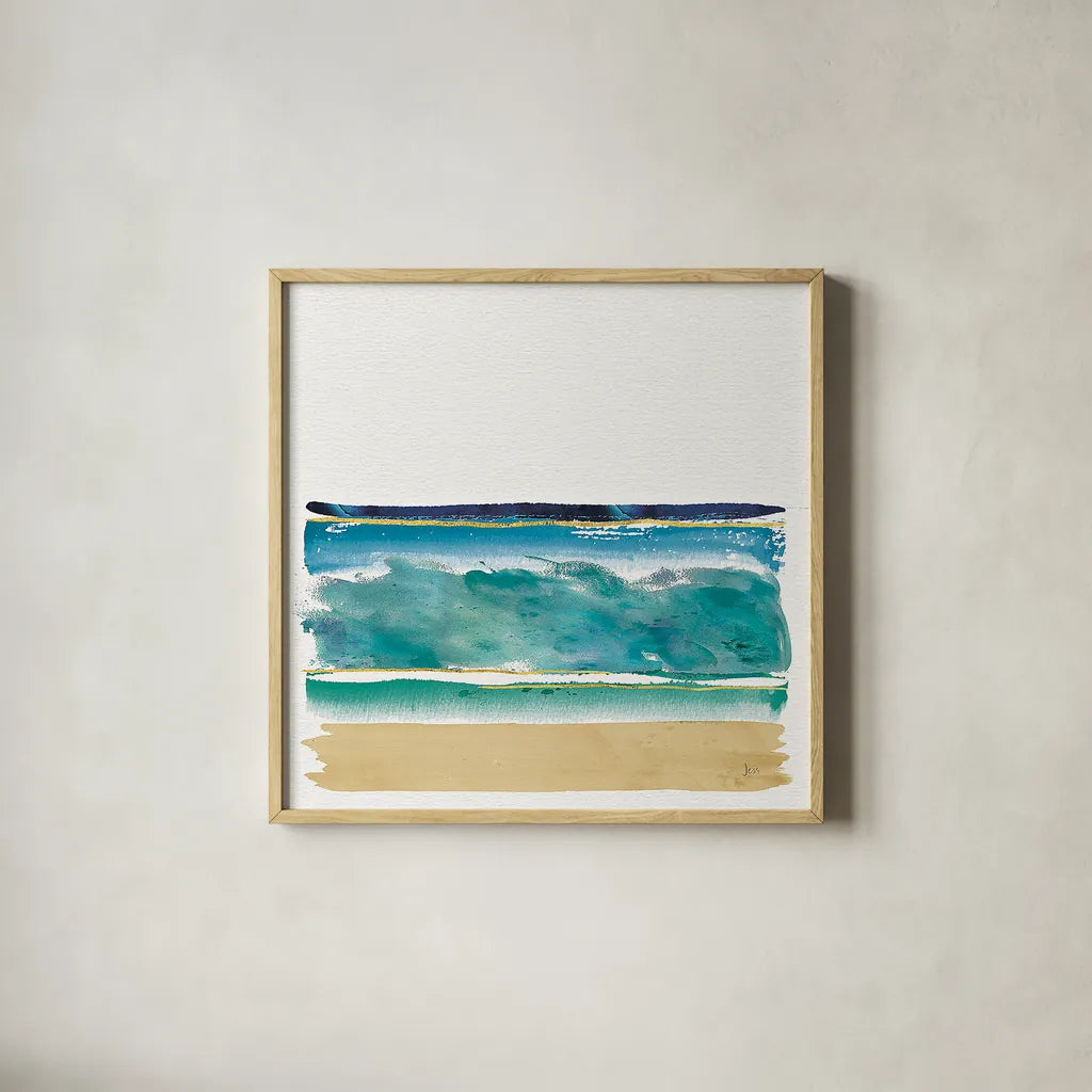 By the Sea II no Words by Jess Aiken. Shown in a natural wood glass frame for a timeless modern aesthetic. Available as an archival giclee rolled canvas, fine art paper, or poster print. SKU 21206a.