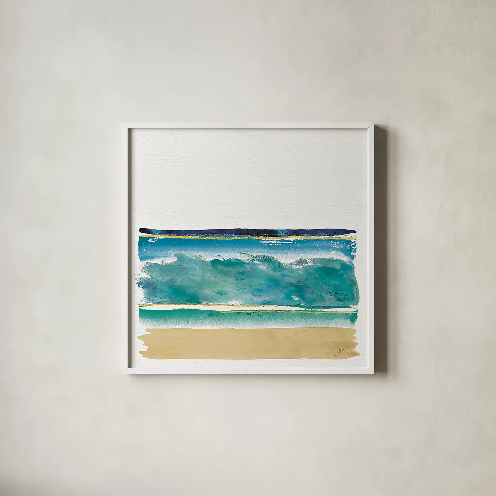 By the Sea II no Words by Jess Aiken. Shown in a crisp white glass frame for a clean and minimalist style. Available as an archival giclee rolled canvas, fine art paper, or poster print. SKU 21206a.