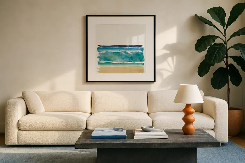By the Sea II no Words by Jess Aiken. Displayed in a glass frame with matte in a clean modern living room. Available as an archival giclee rolled canvas, fine art paper, or poster print. SKU 21206a.