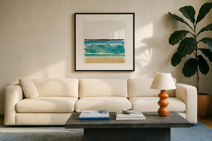 By the Sea II no Words by Jess Aiken. Displayed in a glass frame with matte in a clean modern living room. Available as an archival giclee rolled canvas, fine art paper, or poster print. SKU 21206a.