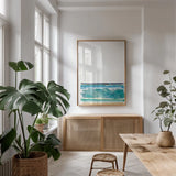 By the Sea II no Words v2 Crop by Jess Aiken. shown as a print in a natural wood frame in a dining room. Available as a archival giclee rolled canvas, fine art paper, or poster print. SKU 46989h.