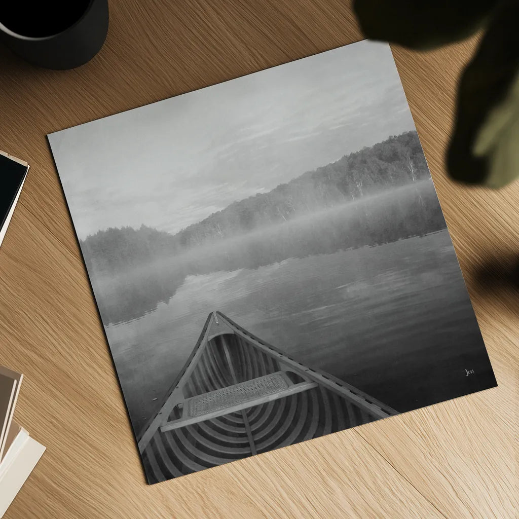 Calm Waters Canoe I BW by Jess Aiken. Shown as a detailed flat fine art print, highlighting archival giclee quality. Available as an archival giclee rolled canvas, fine art paper, or poster print. SKU 83655a.
