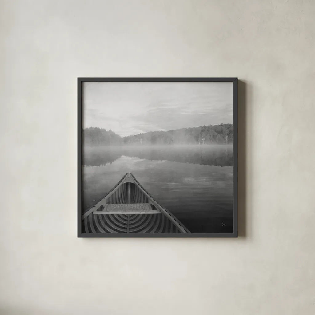 Calm Waters Canoe I BW by Jess Aiken. Shown in a sleek black glass frame for a contemporary gallery look. Available as an archival giclee rolled canvas, fine art paper, or poster print. SKU 83655a.