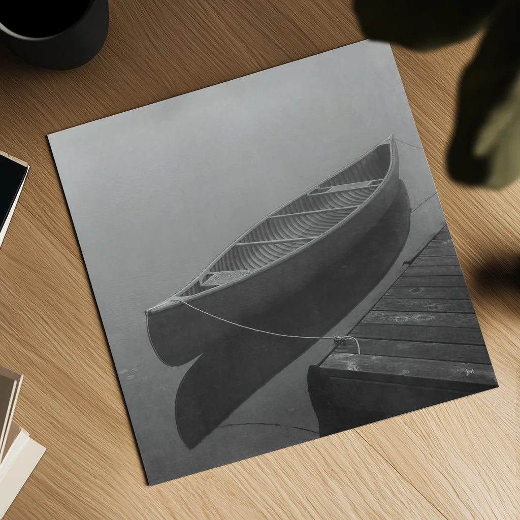 Calm Waters Canoe II BW by Jess Aiken. Shown as a detailed flat fine art print, highlighting archival giclee quality. Available as an archival giclee rolled canvas, fine art paper, or poster print. SKU 83656a.