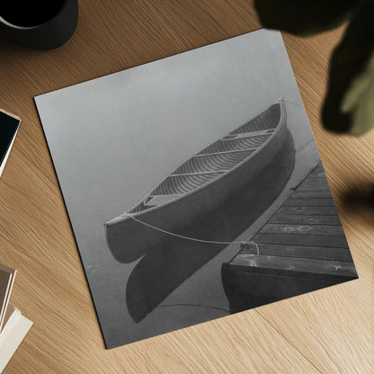Calm Waters Canoe II BW by Jess Aiken. Shown as a detailed flat fine art print, highlighting archival giclee quality. Available as an archival giclee rolled canvas, fine art paper, or poster print. SKU 83656a.