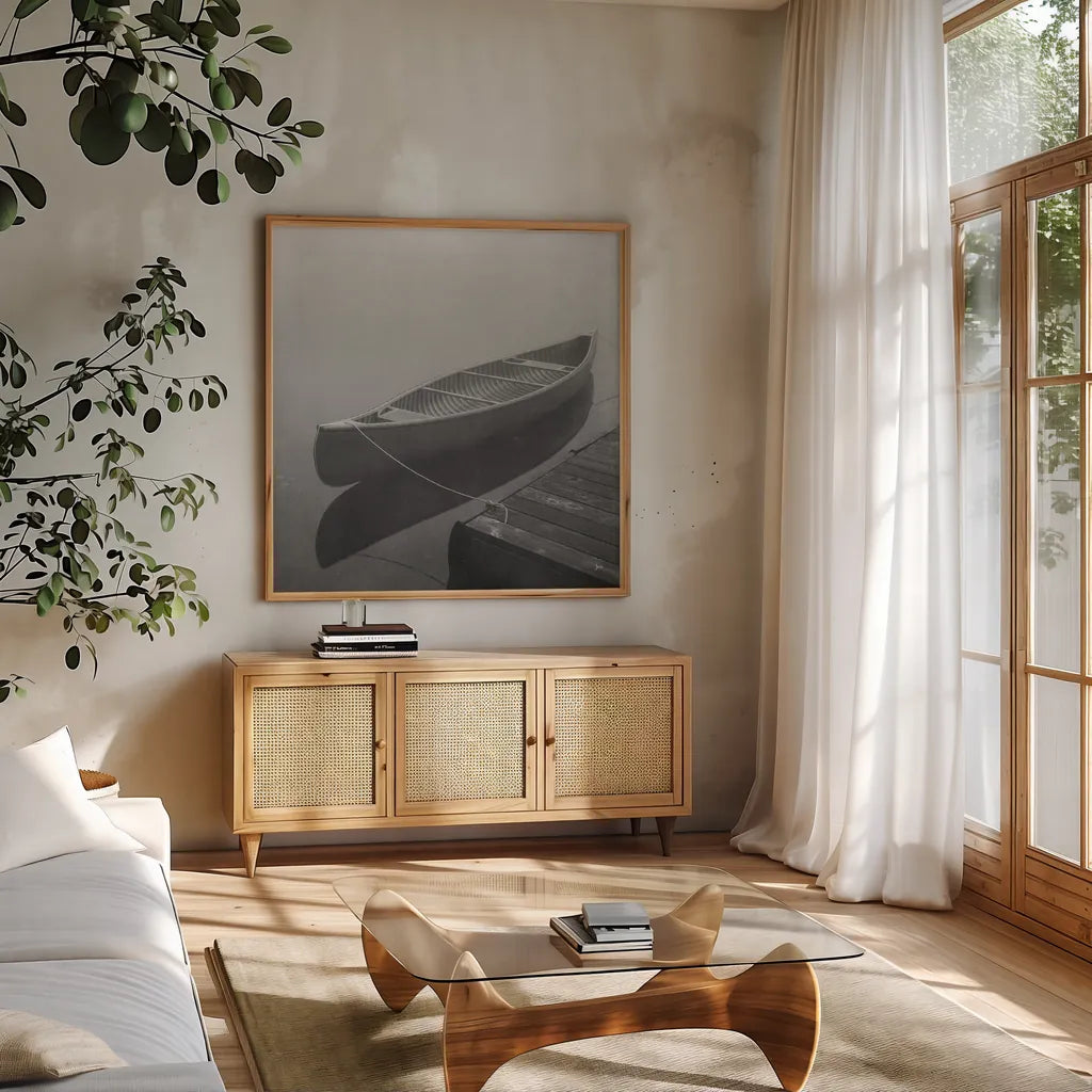 Calm Waters Canoe II BW by Jess Aiken. Shown in a natural wood frame in a cozy modern living room. Available as an archival giclee rolled canvas, fine art paper, or poster print. SKU 83656a.