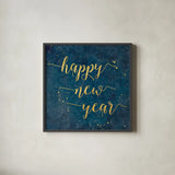 Coastal Lace Happy New Year by Jess Aiken. Shown in a sleek black glass frame for a contemporary gallery look. Available as an archival giclee rolled canvas, fine art paper, or poster print. SKU 39393a.