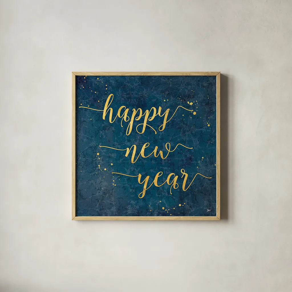 Coastal Lace Happy New Year by Jess Aiken. Shown in a natural wood glass frame for a timeless modern aesthetic. Available as an archival giclee rolled canvas, fine art paper, or poster print. SKU 39393a.