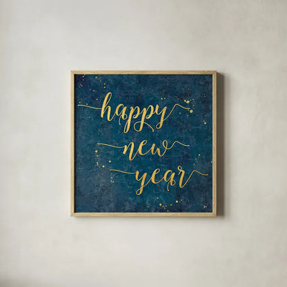 Coastal Lace Happy New Year by Jess Aiken. Shown in a natural wood glass frame for a timeless modern aesthetic. Available as an archival giclee rolled canvas, fine art paper, or poster print. SKU 39393a.