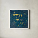 Coastal Lace Happy New Year by Jess Aiken. Shown in a crisp white glass frame for a clean and minimalist style. Available as an archival giclee rolled canvas, fine art paper, or poster print. SKU 39393a.