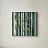Coastal Lace Happy New Year Stripes by Jess Aiken. Shown in a sleek black glass frame for a contemporary gallery look. Available as an archival giclee rolled canvas, fine art paper, or poster print. SKU 39394a.
