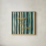 Coastal Lace Happy New Year Stripes by Jess Aiken. Shown in a natural wood glass frame for a timeless modern aesthetic. Available as an archival giclee rolled canvas, fine art paper, or poster print. SKU 39394a.