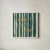 Coastal Lace Happy New Year Stripes by Jess Aiken. Shown in a crisp white glass frame for a clean and minimalist style. Available as an archival giclee rolled canvas, fine art paper, or poster print. SKU 39394a.